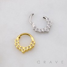 FAN-SHAPED ARRANGEMENT OF SEVEN PEAR-CUT CZ ARCH 316L SURGICAL STEEL SEPTUM HINGED SEGMENT RING